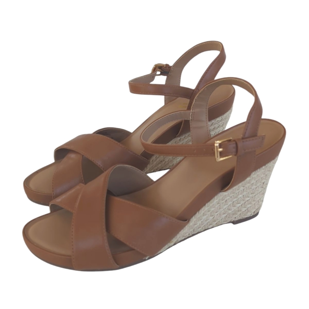 Aerosoles Espadrille Criss Cross Wedge Sandals 11 Brown Tan Adjustable Strap